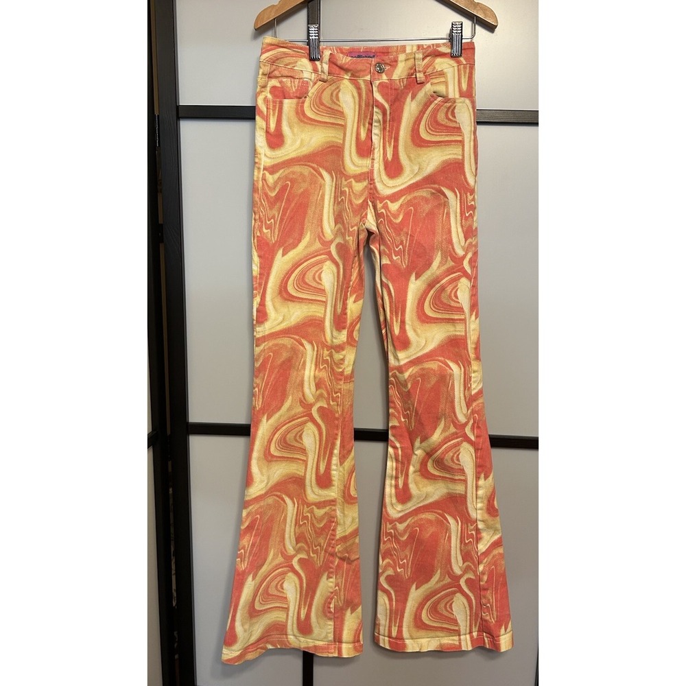 Edikted Ripple Flare Jeans Orange Swirl Womens Size Medium
